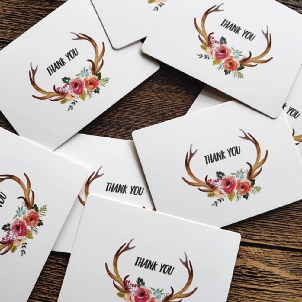 50pc small Thank You cards flowers antlers woods